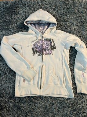 Orb White Hooded Zip-Up Sweatshirt with Purple Graphic